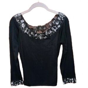 Bette Paige Black Top with Lace & Shimmering Sequin Trim. Sz M